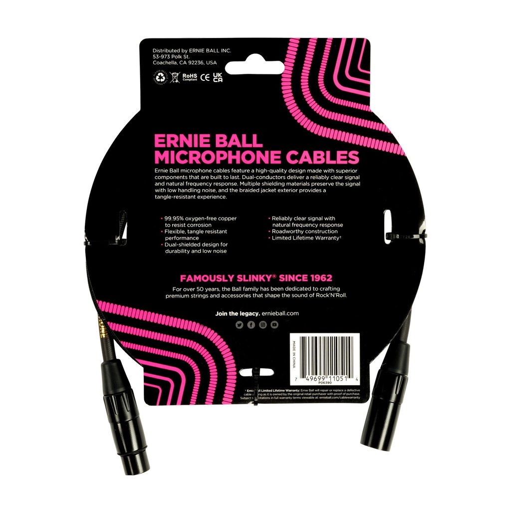 Ernie Ball P06390 5FT BRAIDED MALE FEMALE XLR MICROPHONE CABLE BLACK