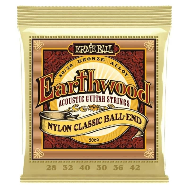 Ernie Ball P02069 EARTHWOOD FOLK NYLON, CLEAR & GOLD BALL END, 80/20 BRONZE ACOUSTIC GUITAR STRINGS - 28-42 GAUGE