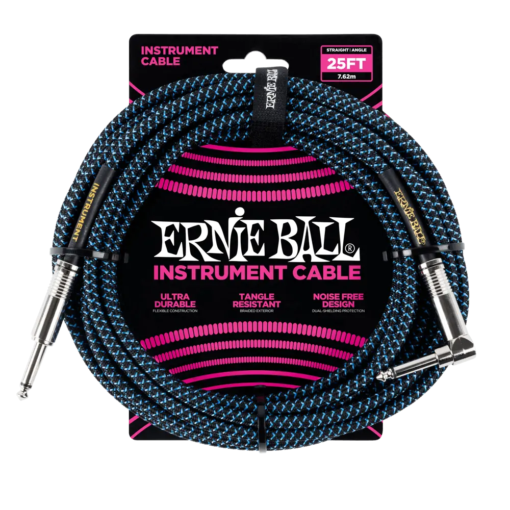 Ernie Ball P06060 25' BRAIDED STRAIGHT / ANGLE INSTRUMENT CABLE - BLACK / BLUE  