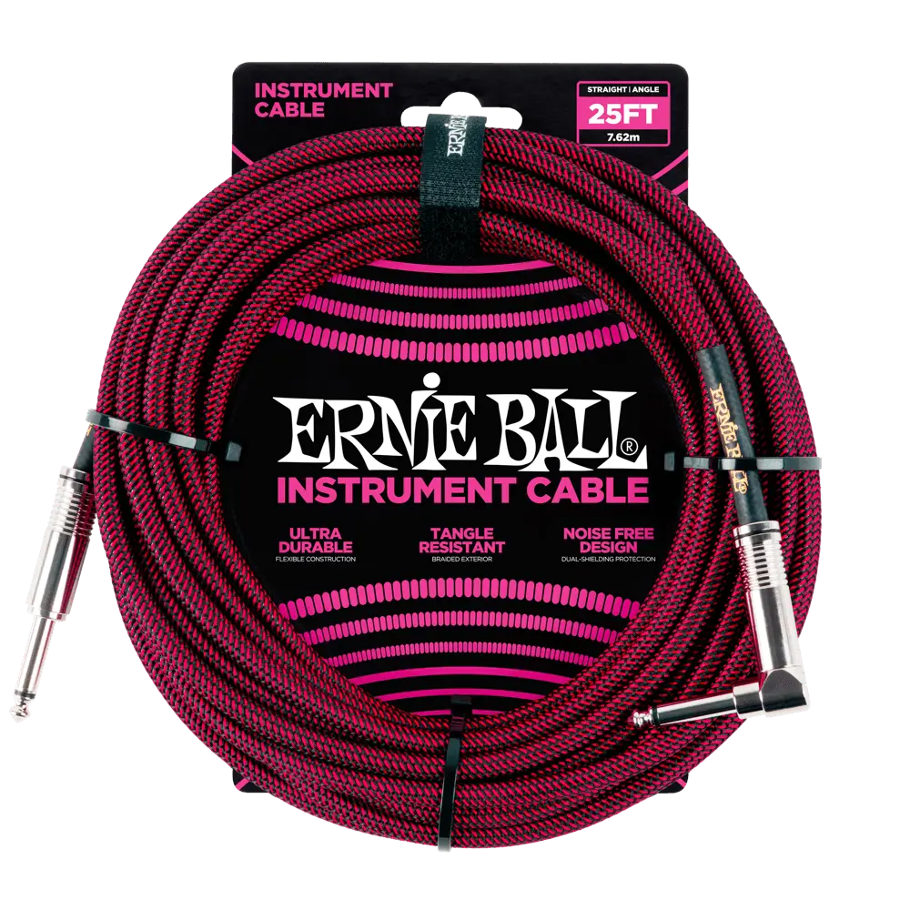 Ernie Ball P06062 25' BRAIDED STRAIGHT / ANGLE INSTRUMENT CABLE - BLACK / RED  