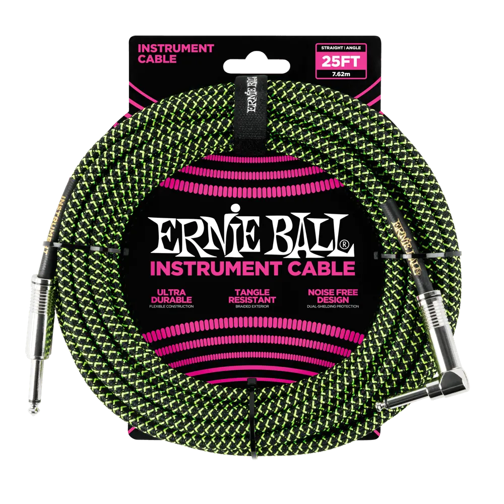 [P06066] Ernie Ball P06066 25' BRAIDED STRAIGHT / ANGLE INSTRUMENT CABLE - BLACK / GREEN