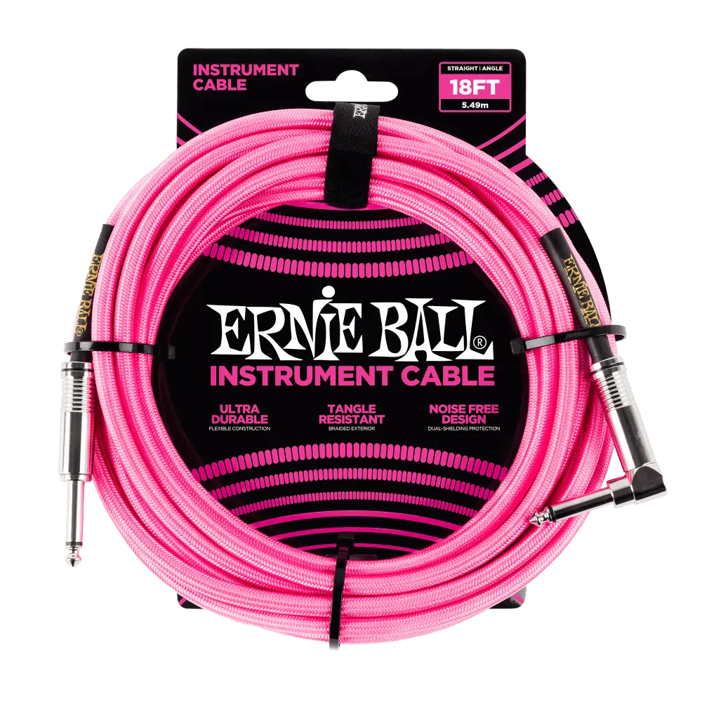 [P06083] Ernie Ball P06083 18' BRAIDED STRAIGHT / ANGLE INSTRUMENT CABLE - NEON PINK