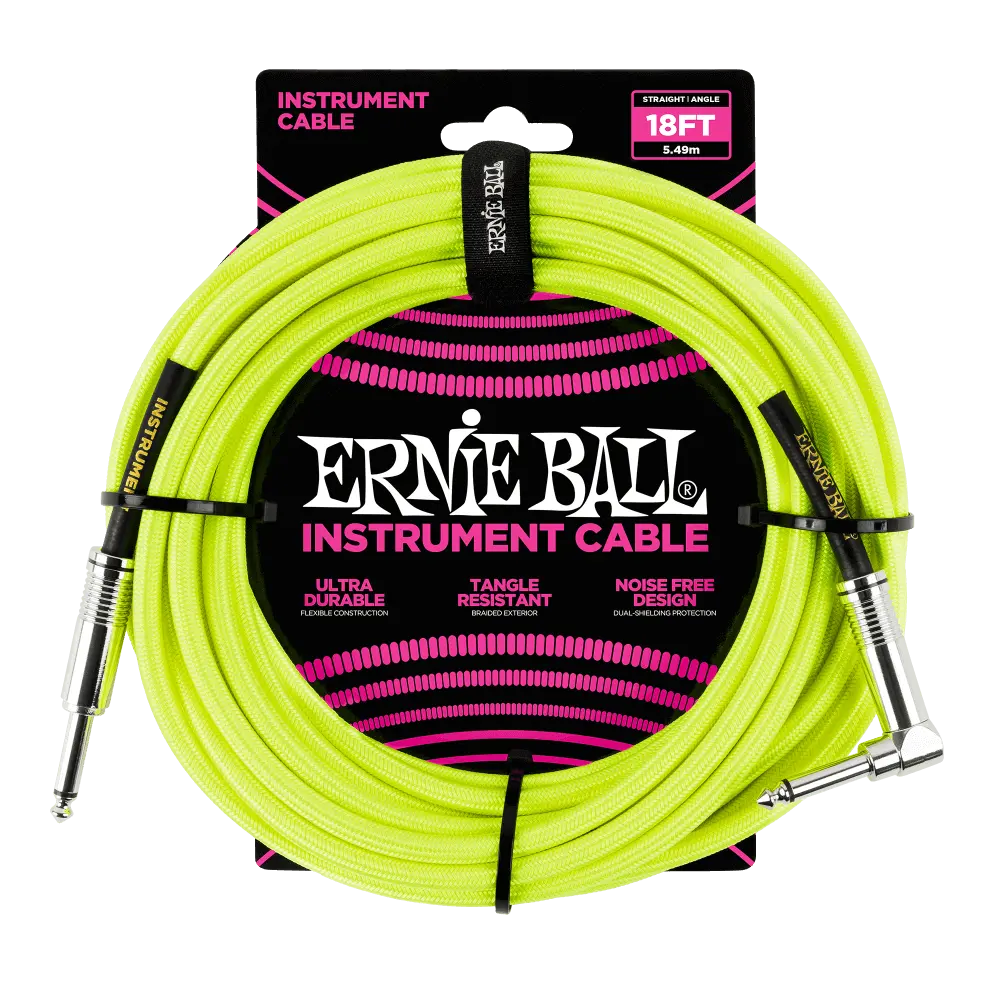 Ernie Ball P06085 18' BRAIDED STRAIGHT / ANGLE INSTRUMENT CABLE NEON - YELLOW