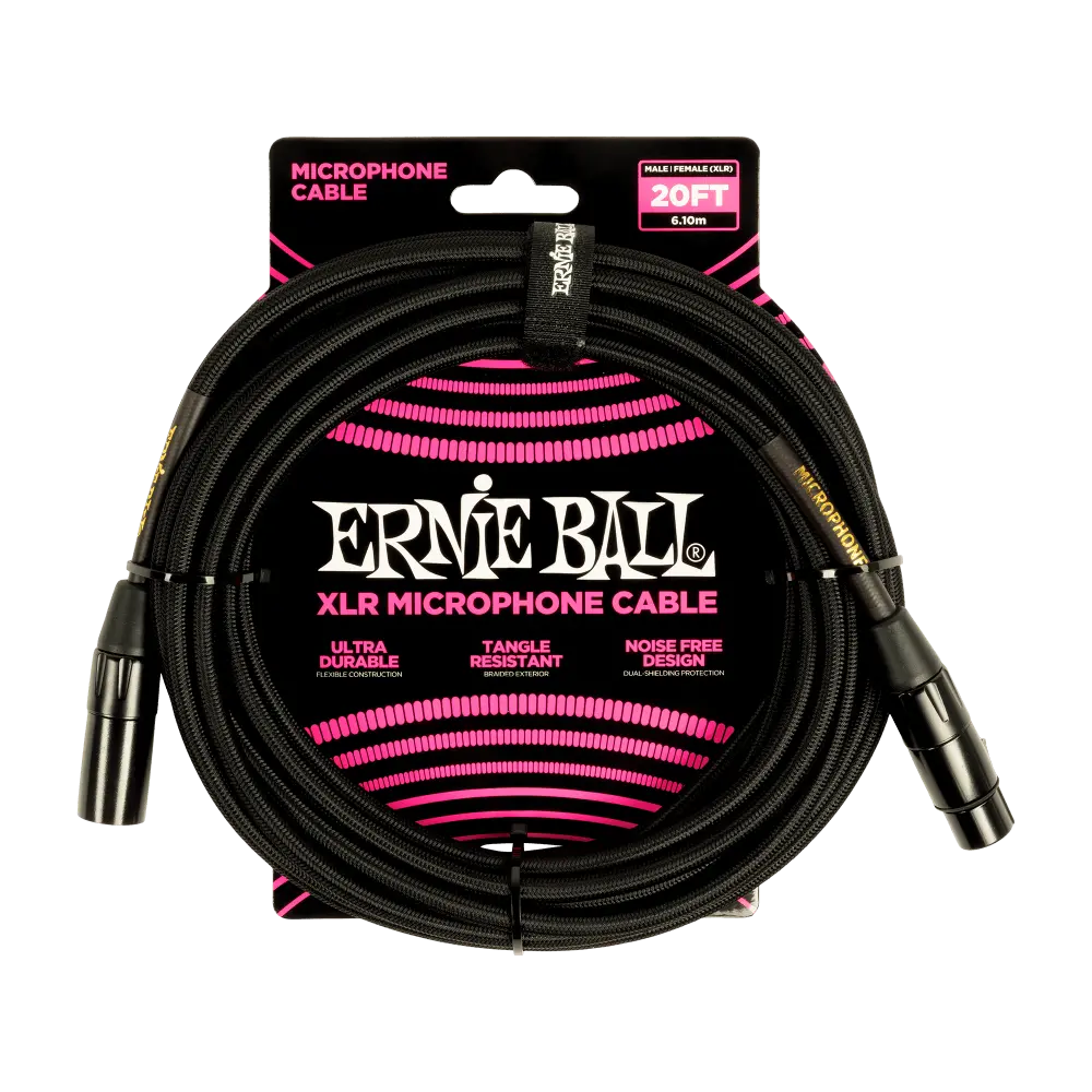 [P06392] Ernie Ball P06392 20FT BRAIDED MALE FEMALE XLR MICROPHONE CABLE BLACK