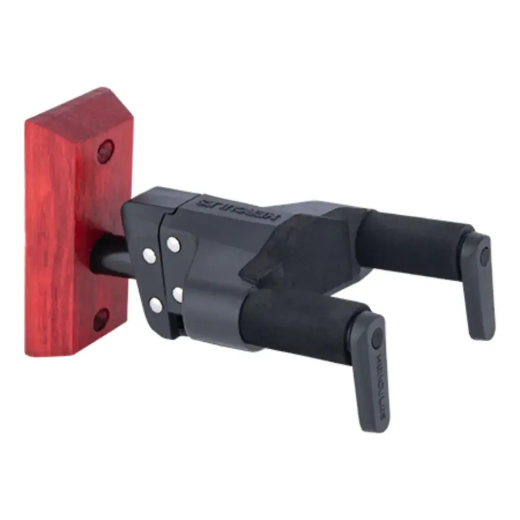 Hercules GSP38WBR PLUS AUTO GRIP UNIVERSAL GUITAR HANGER FOR WALL MOUNTING W/ BURGUNDY RED WOOD BASE, SHORT ARM