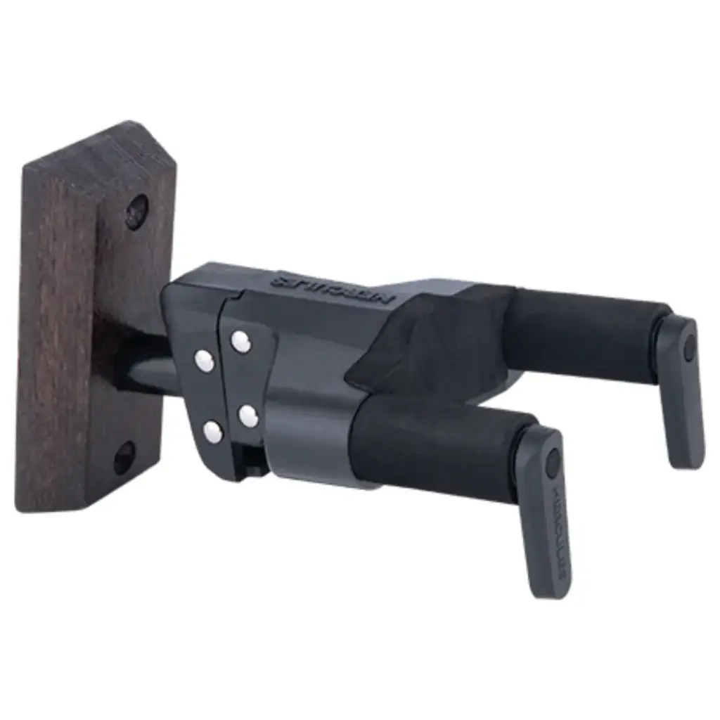 Hercules GSP38WBW PLUS AUTO GRIP UNIVERSAL GUITAR HANGER FOR WALL MOUNTING W/ BROWN WOOD BASE, SHORT ARM