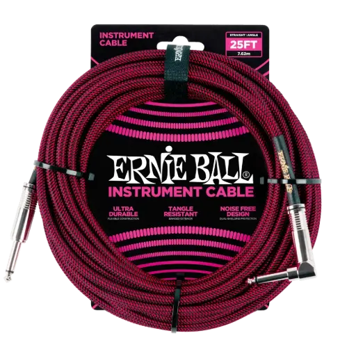 [P06062] Ernie Ball P06062 25' BRAIDED STRAIGHT / ANGLE INSTRUMENT CABLE - BLACK / RED  