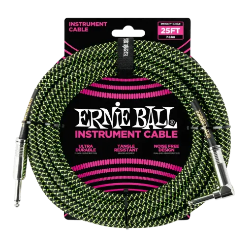 [P06066] Ernie Ball P06066 25' BRAIDED STRAIGHT / ANGLE INSTRUMENT CABLE - BLACK / GREEN  