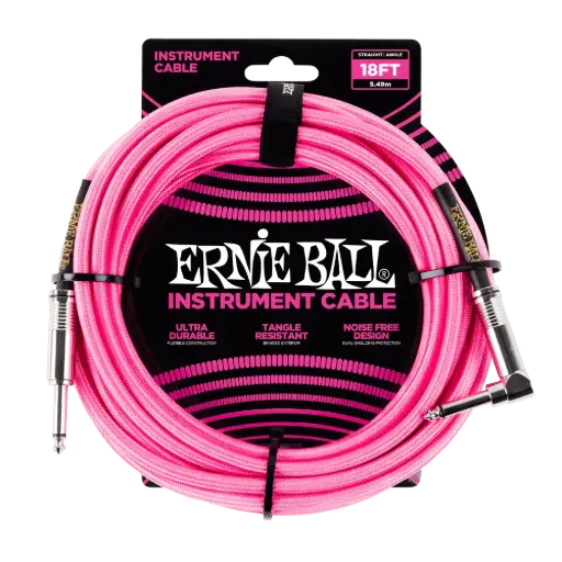 [P06083] Ernie Ball P06083 18' BRAIDED STRAIGHT / ANGLE INSTRUMENT CABLE - NEON PINK
