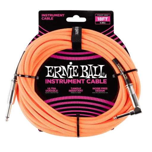 [P06084] Ernie Ball P06084 18' BRAIDED STRAIGHT / ANGLE INSTRUMENT CABLE - NEON ORANGE