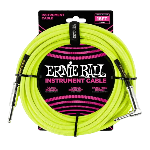 [P06085] Ernie Ball P06085 18' BRAIDED STRAIGHT / ANGLE INSTRUMENT CABLE NEON - YELLOW